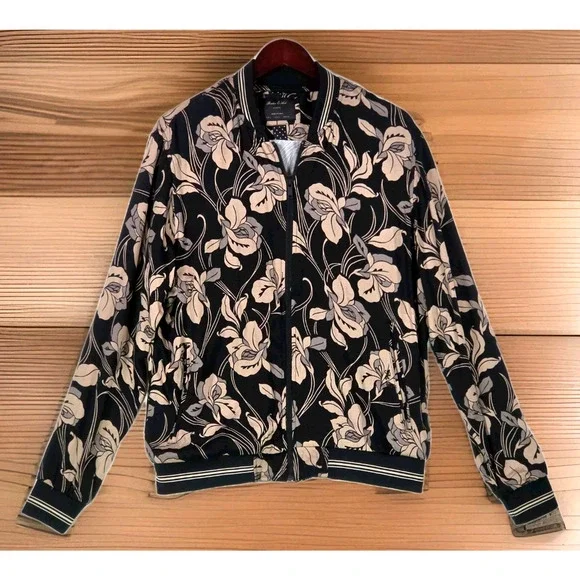 Porter & Ash Floral Bomber Jacket Black Tan Hibiscus FullZip Inner Pockets Large - Picture 1 of 14